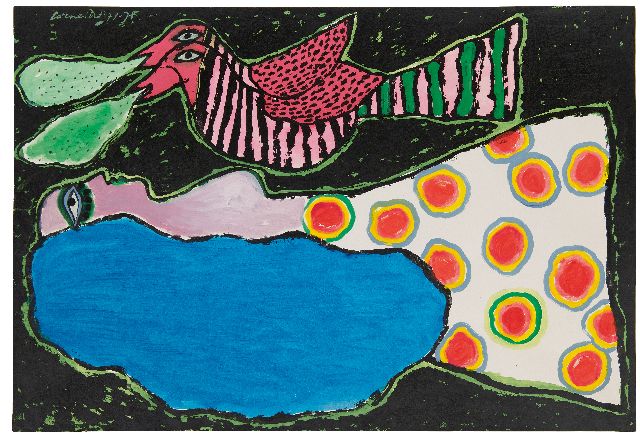 Corneille | Untitled (uit de serie Les aventures de Pinocchio), gouache over zeefdruk op papier, 68,1 x 98,7 cm, gesigneerd l.b. en gedateerd '73-'75