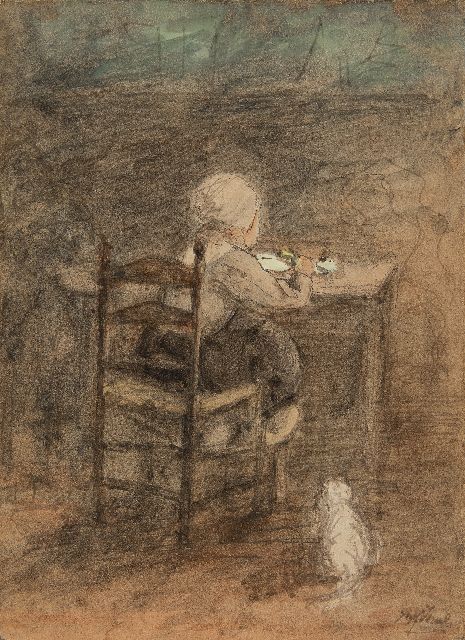 Jozef Israëls | Aan het ontbijt, potlood en aquarel op papier, 20,3 x 14,7 cm, gesigneerd r.o.