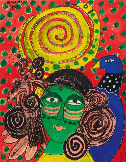 Corneille | Vrouw met vogel en slang, gouache op papier, 66,1 x 51,8 cm, gesigneerd l.b. en gedateerd '77