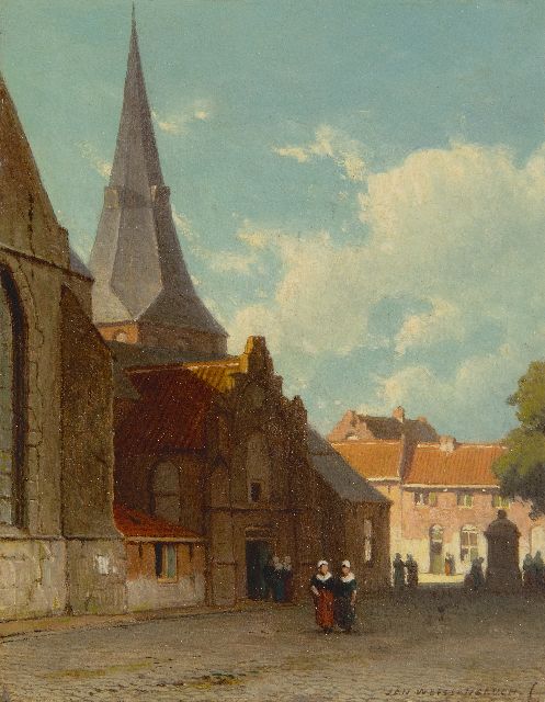 Jan Weissenbruch | Wandelende figuren in een zonnig stadje, olieverf op paneel, 18,0 x 14,9 cm, gesigneerd r.o.