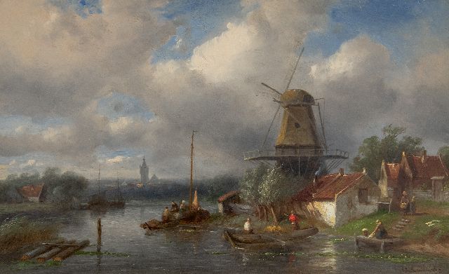 Charles Leickert | Zomers riviergezicht  (uitsluitend met winters pendant tezamen 20.000), olieverf op paneel, 25,0 x 40,0 cm, gesigneerd r.o.