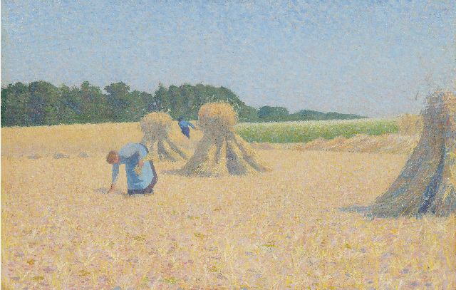 Ferdinand Hart Nibbrig | Korenveld met arenlezende vrouw, olieverf op doek, 39,2 x 60,4 cm