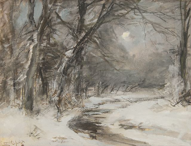 Louis Apol | Besneeuwde vaart in het bos, gouache op papier, 15,5 x 20,5 cm, gesigneerd l.o.