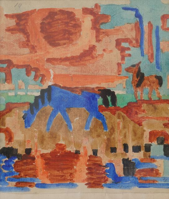 Jan Altink | Ontwerp voor wandkleed: Twee paarden, potlood en aquarel op papier, 46,8 x 32,8 cm, te dateren ca. 1925
