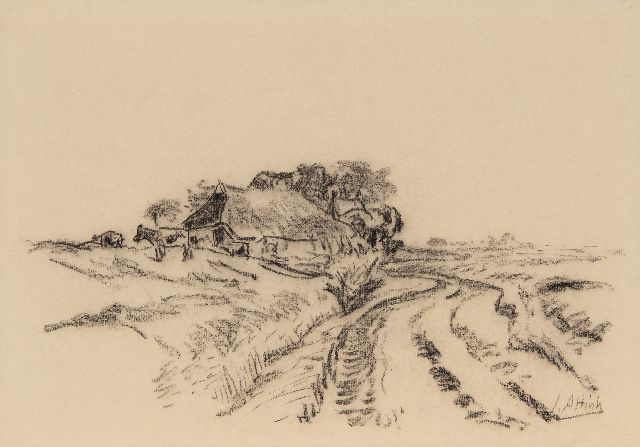 Jan Altink | Landweg in Wierumerschouw, krijt op papier, 35,3 x 50,0 cm, gesigneerd r.o. en zonder lijst