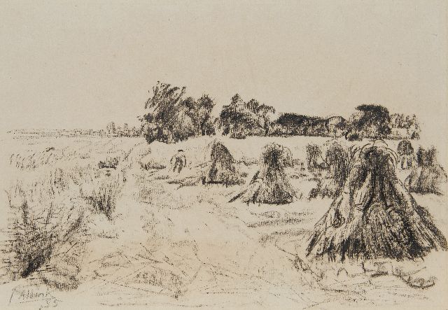 Jan Altink | Oogstlandschap met korenschoven, krijt op papier, 36,0 x 48,9 cm, gesigneerd l.o. en gedateerd '35, zonder lijst