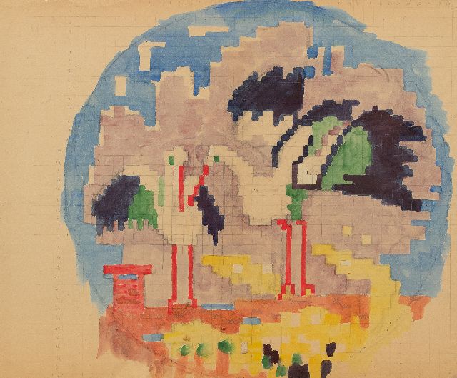 Jan Altink | Twee ooievaars, ontwerp voor een wandkleed, potlood en aquarel op papier, 57,8 x 70,6 cm