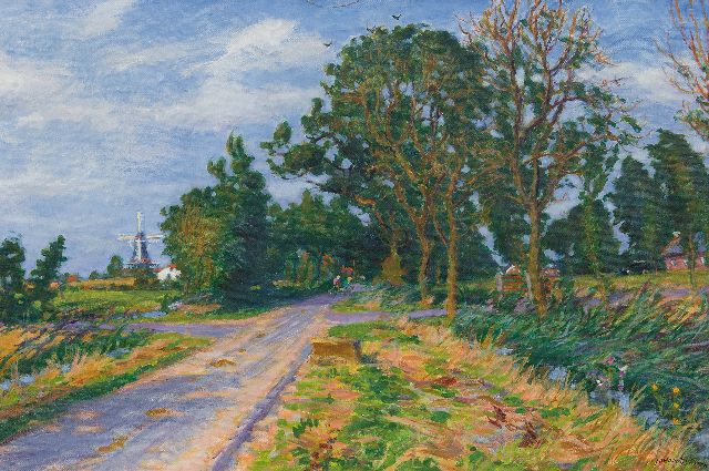 Johan Dijkstra | Fietsers en een Fordje op landweg in Den Andel met de molen 'De Jonge Hendrik', olieverf op doek, 60,4 x 90,2 cm, gesigneerd r.o. en te dateren eind jaren 40