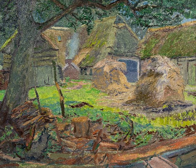 Jannes de Vries | Boerenerf met hooischelven, olieverf op doek, 60,4 x 70,8 cm, gesigneerd verso met monogram