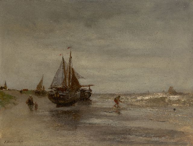 Jacob Maris | Vissersboten in de branding bij Scheveningen, olieverf op doek, 23,4 x 30,4 cm, gesigneerd l.o. en gedateerd 1870
