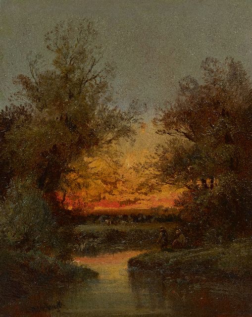 Henri van Wijk | Vissers bij zonsondergang, olieverf op paneel, 24,2 x 19,0 cm, gesigneerd l.o.