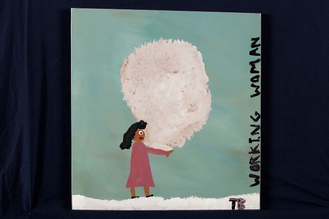 Brown T.  | Working woman, acryl op paneel 45,0 x 43,0 cm, gesigneerd r.o. met initialen
