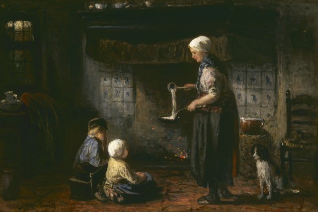 Jozef Israëls | Pannenkoeken bakken, olieverf op doek, 33,7 x 50,0 cm, gesigneerd l.o.