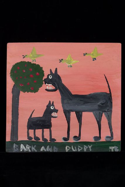 Tim Brown | Bark and puppy, acryl op paneel, 41,0 x 43,0 cm, gesigneerd r.o. met initialen