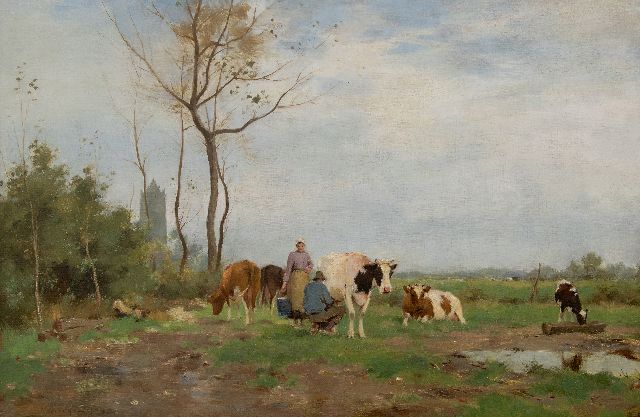 Adriaan Groenewegen | Melktijd bij Oirschot, olieverf op doek, 40,7 x 60,7 cm, gesigneerd l.o.