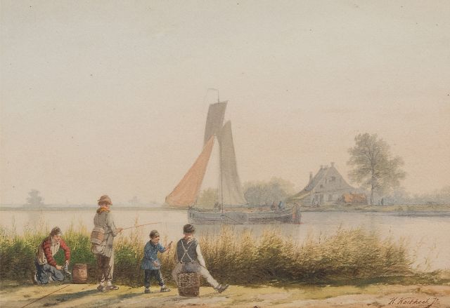 Hermanus Koekkoek jr. | Vissende kinderen langs een rivieroever, aquarel op papier, 22,2 x 32,3 cm, gesigneerd r.o.