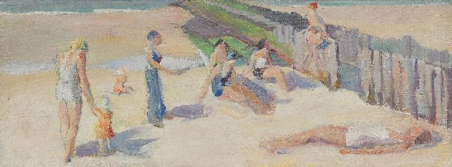Ewoud de Kat | Zonnebaden op het strand, Zeeland, olieverf op doek, 13,5 x 35,3 cm