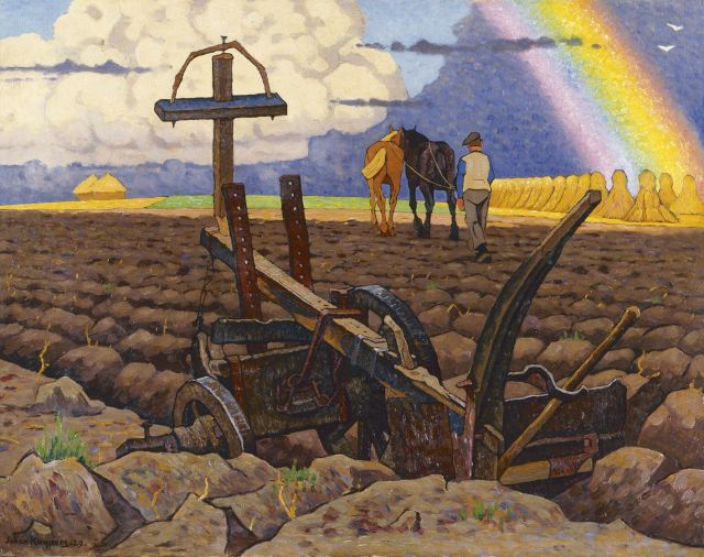 Johan Kuijpers | Regenboog boven omgeploegde akker, olieverf op doek, 58,5 x 74,7 cm, gesigneerd l.o. en gedateerd '29