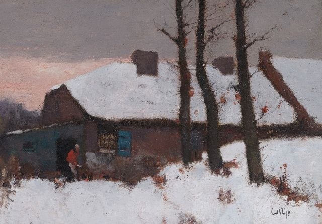 Leendert van der Vlist | Kippen voeren in de sneeuw, olieverf op doek, 24,8 x 34,6 cm, gesigneerd r.o. en zonder lijst