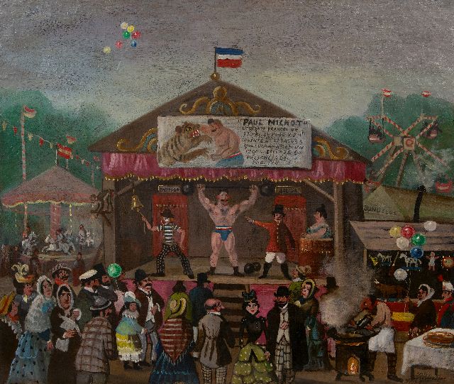 Spaanse School, 19e eeuw   | De kermistent van de Sterkste Man, olieverf op doek 65,0 x 77,3 cm, gesigneerd r.o.