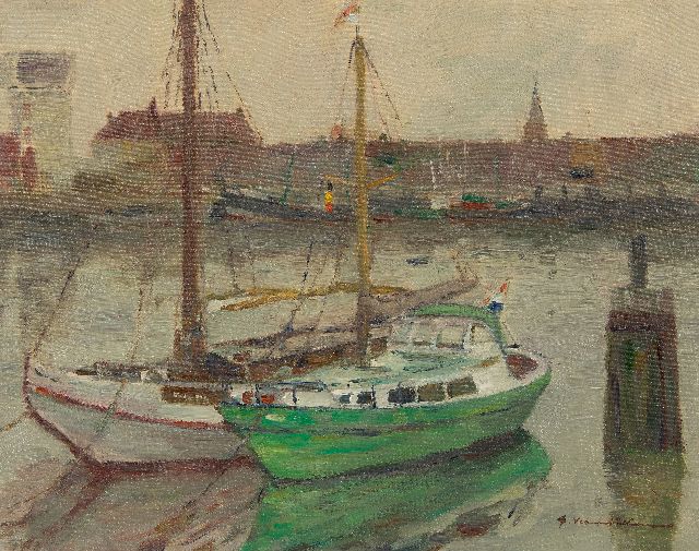 Georg Hambüchen | Zeilschepen in Belgische haven, een Hollands zeiljacht, olieverf op doek, 40,1 x 50,2 cm, gesigneerd r.o.