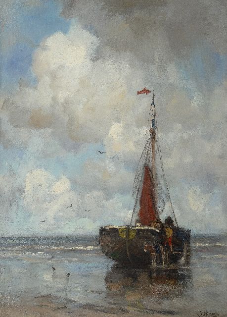 Jacob Maris | Bomschuit voor anker op het Scheveningse strand, olieverf op doek, 104,8 x 77,5 cm, gesigneerd r.o. en te dateren ca. 1878