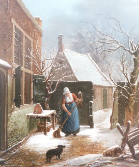 Carel Lodewijk Hansen | Het aanvegen van het besneeuwde erf, olieverf op paneel, 37,8 x 31,2 cm, gesigneerd r.o.