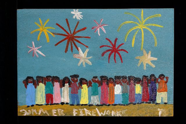 Tim Brown | Summer fireworks, acryl op paneel, 38,0 x 56,0 cm, gesigneerd r.o. met initialen