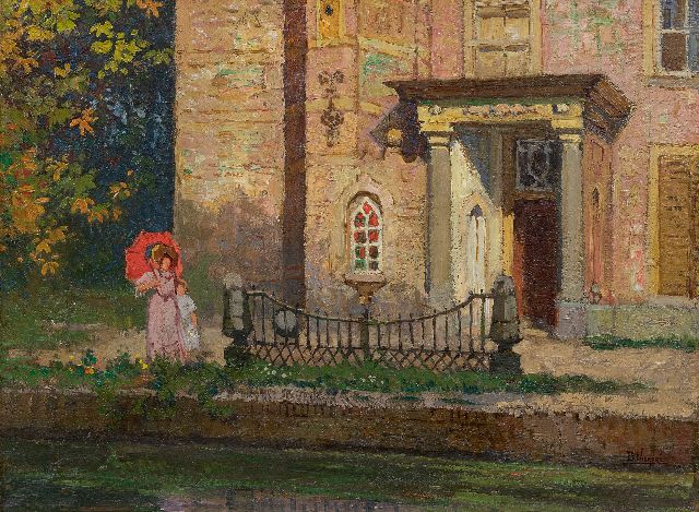Ben Viegers | Vrouw met kind voor het Huis te Hoorn in Rijswijk, olieverf op doek, 37,3 x 50,0 cm, gesigneerd r.o.