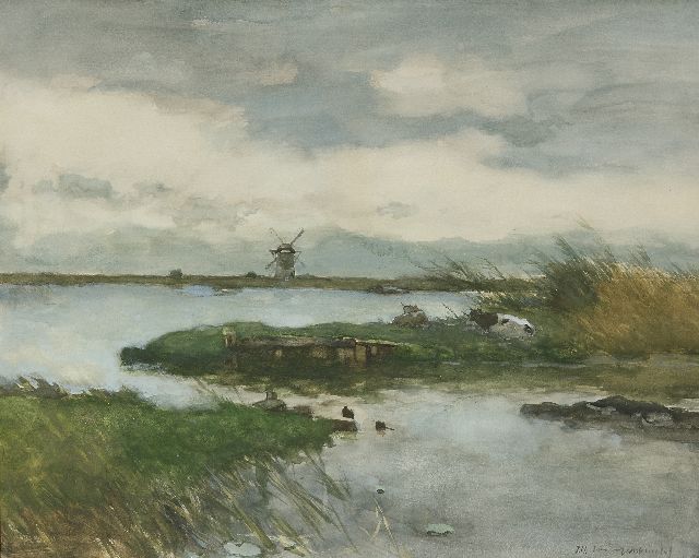 Jan Hendrik Weissenbruch | Rustende koeien aan de Nieuwkoopse Plassen, aquarel en gouache op papier, 47,2 x 59,2 cm, gesigneerd r.o.