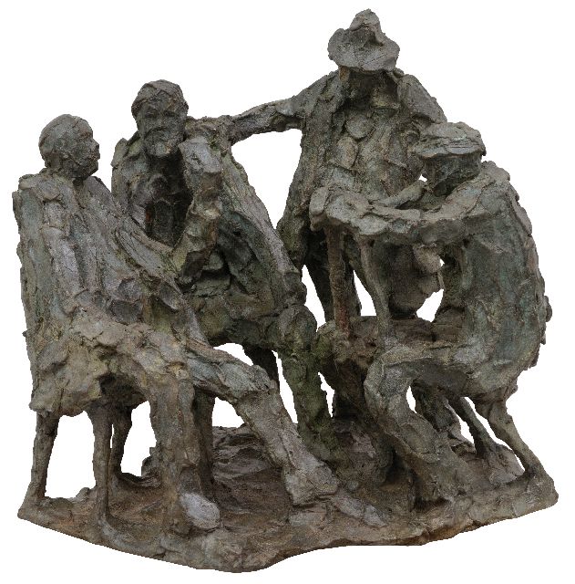 Jits Bakker | Kaartspel (vier kaartspelers), brons, 49,5 x 54,0 cm, gesigneerd op de basis