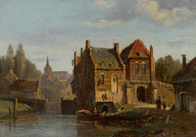 Adrianus Eversen | Zonnig stadsgezicht met stadspoortje, olieverf op paneel, 13,1 x 18,0 cm, gesigneerd r.o. met monogram