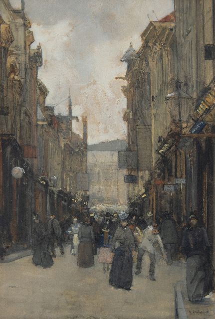 Arntzenius P.F.N.J.  | Drukbevolkte Spuistraat in Den Haag, aquarel en gouache op papier 50,1 x 33,9 cm, gesigneerd r.o.