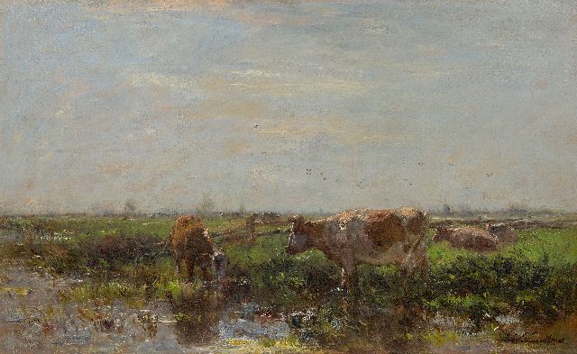 Willem Maris | Zomerlandschap met koeien op de rivieroever, olieverf op doek, 53,8 x 87,2 cm, gesigneerd r.o.
