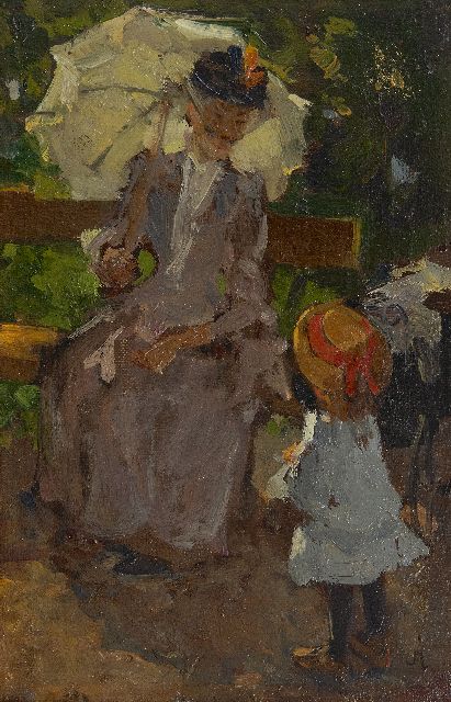 Johannes Evert Akkeringa | In het park, olieverf op doek op paneel, 19,2 x 12,7 cm, gesigneerd r.o. met initiaal