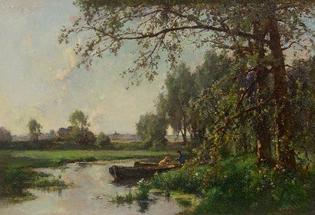Johannes Evert Akkeringa | Landschap met twee vissers in een bootje, olieverf op doek, 46,4 x 67,4 cm, gesigneerd r.o.