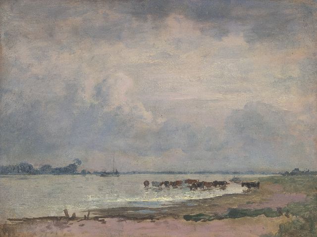 Jan Voerman sr. | Gezicht op de IJssel met wadende koeien, olieverf op paneel, 31,4 x 41,2 cm