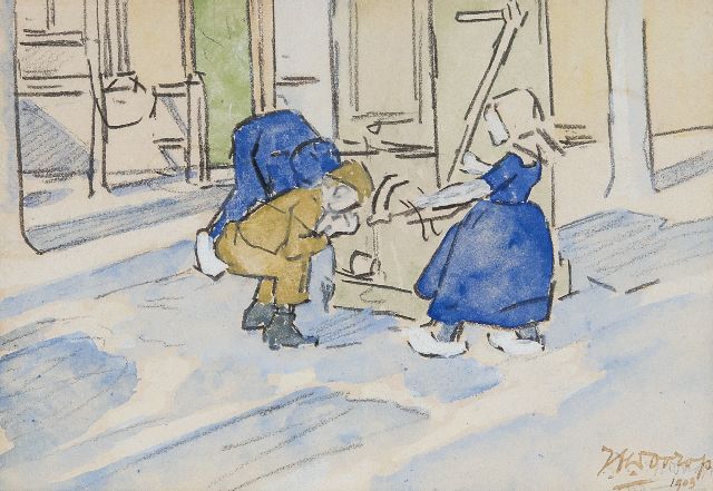 Jan Toorop | Kinderen bij een dorpspomp, zwart krijt en aquarel op papier, 11,3 x 15,8 cm, gesigneerd r.o. (dubbel) en gedateerd 1903 (dubbel)