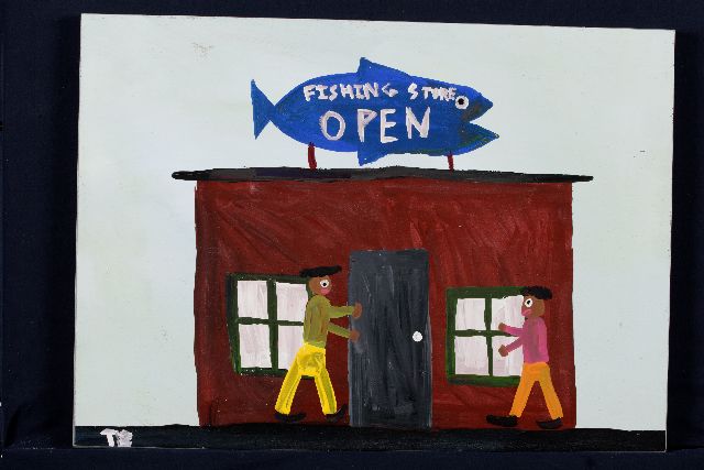 Tim Brown | Fishing store open, acryl op paneel, 42,0 x 58,0 cm, gesigneerd l.o. met initialen en ca 1995