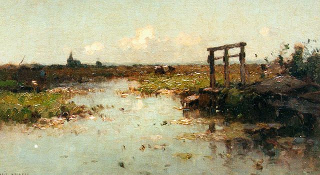 Aris Knikker | Polderlandschap met viskaar, olieverf op doek op paneel, 25,2 x 42,7 cm, gesigneerd l.o.