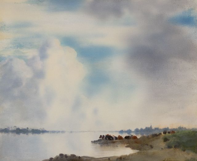Jan Voerman sr. | Rivier de IJssel met Hattem in het verschiet, olieverf op paneel, 42,4 x 52,0 cm, gesigneerd r.o.