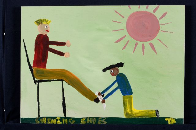 Tim Brown | Shining shoes, acryl op paneel, 42,0 x 57,0 cm, gesigneerd r.o. met initialen en ca 1995