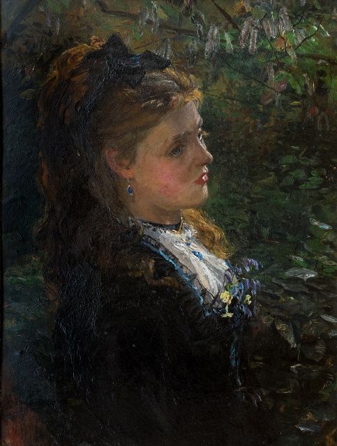 Beckwith J.C.  | Portret van een jonge vrouw onder de bomen, mogelijk de jonge Émilie-Louise Delabigne (Valtesse de La Bigne)., olieverf op board 40,0 x 30,0 cm, ca. 1875-1878