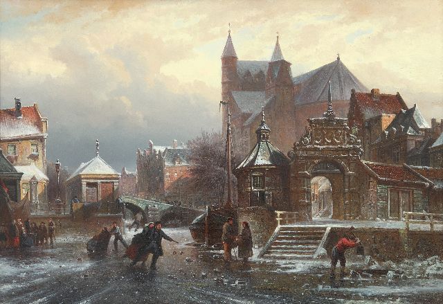Bommel E.P. van | Schaatspret op een stadsgracht, olieverf op paneel 36,7 x 54,4 cm, gesigneerd r.o. en gedateerd '72