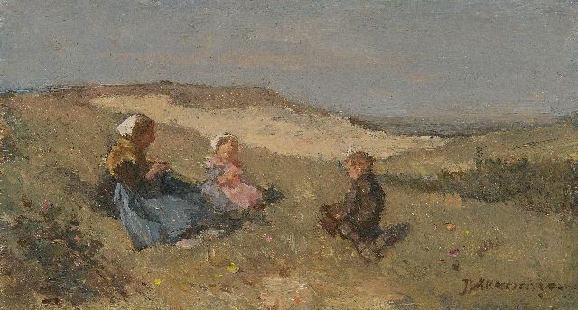 Johannes Evert Akkeringa | Vissersvrouw met twee kinderen in de duinen, olieverf op paneel, 7,5 x 12,6 cm, gesigneerd r.o.
