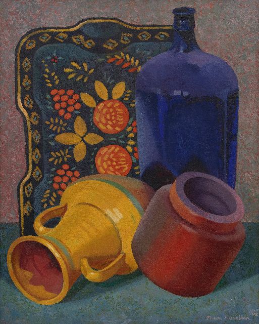 Frieda Hunziker | Stilleven met blauwe fles, olieverf op doek, 55,6 x 45,4 cm, gesigneerd r.o. en gedateerd 1/42