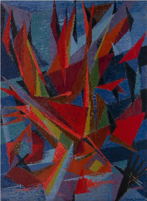 Frieda Hunziker | Compositie met schepen, olieverf op doek, 100,2 x 75,7 cm, gesigneerd r.o. en verso en gedateerd 8.1.47