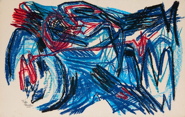 Frieda Hunziker | Het monster, waskrijt op papier, 50,2 x 78,3 cm, gesigneerd l.o. en te dateren 1961