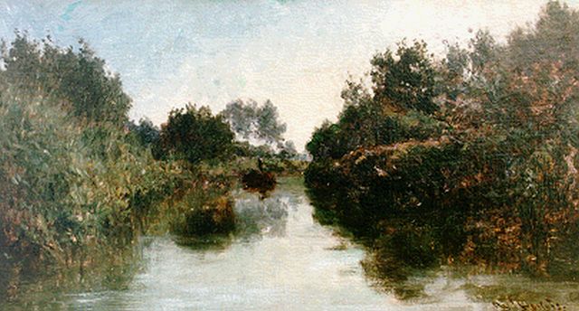 Willem Roelofs | Vaart met duwschuit, olieverf op doek op schildersboard, 23,0 x 40,5 cm, gesigneerd r.o.