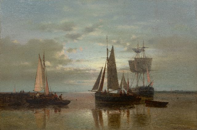 Abraham Hulk | Zeilschepen voor anker bij zonsondergang, olieverf op doek, 40,5 x 60,8 cm, gesigneerd r.o.